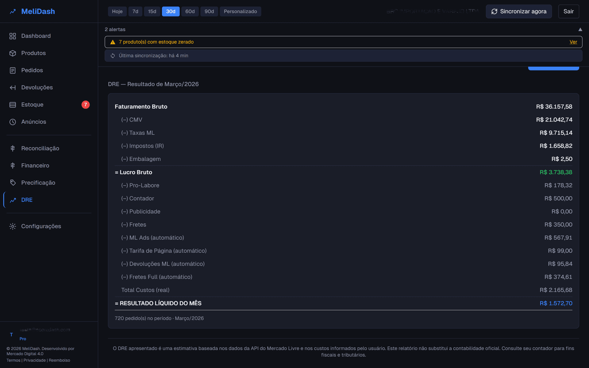 MeliDash — DRE Automatizado